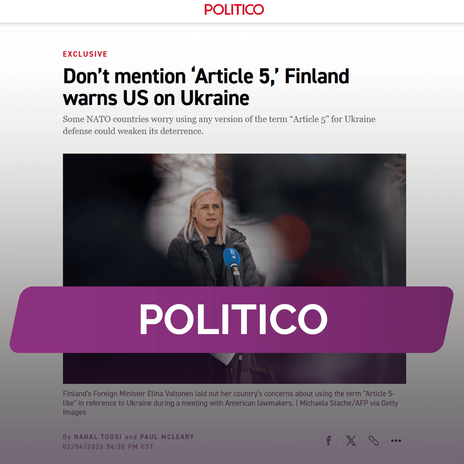 POLITICO: Финляндия предупреждает США по поводу Украины