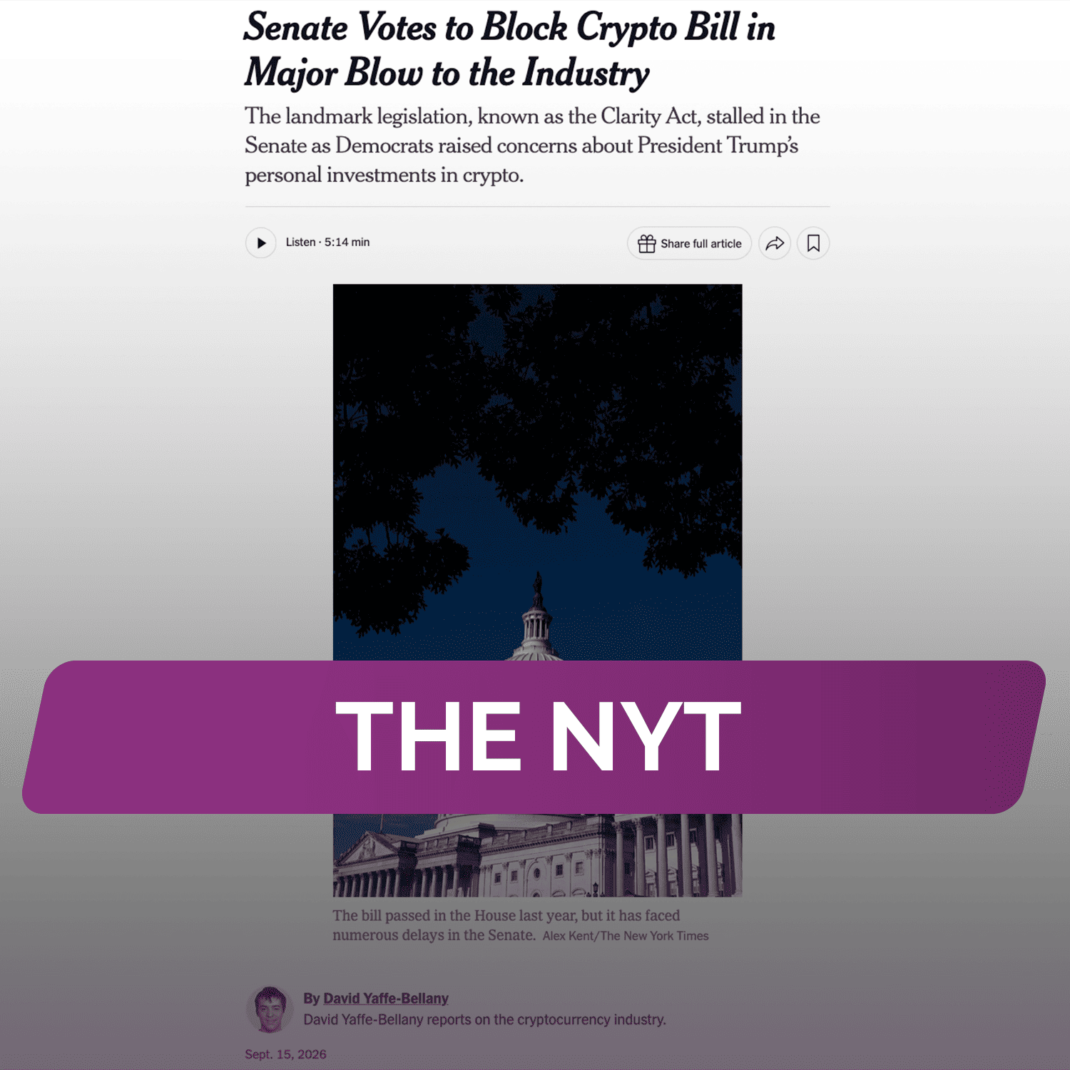 The NYT: Сенат проголосовал за блокировку законопроекта о криптовалютах