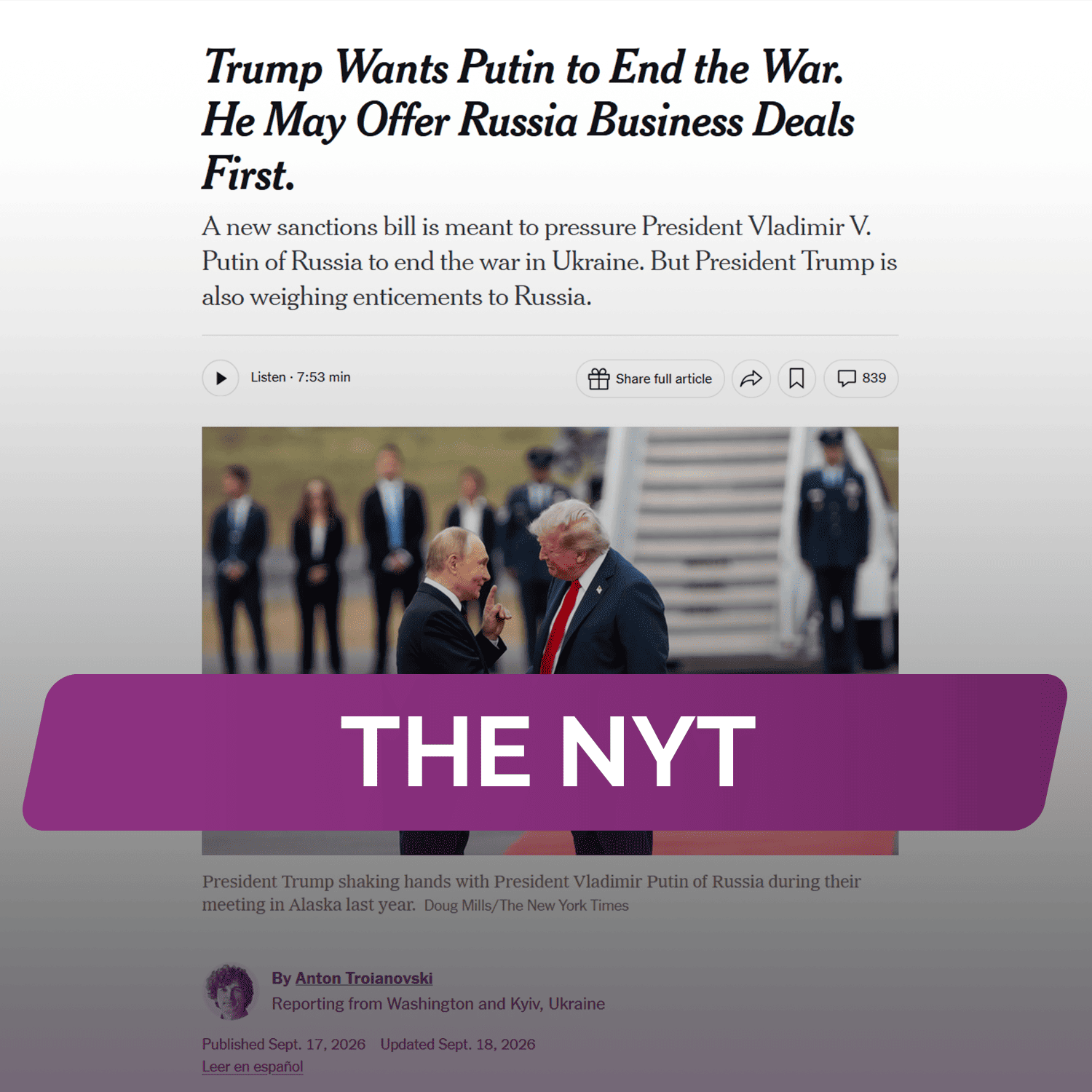 The NYT: Трамп хочет, чтобы Путин положил конец войне