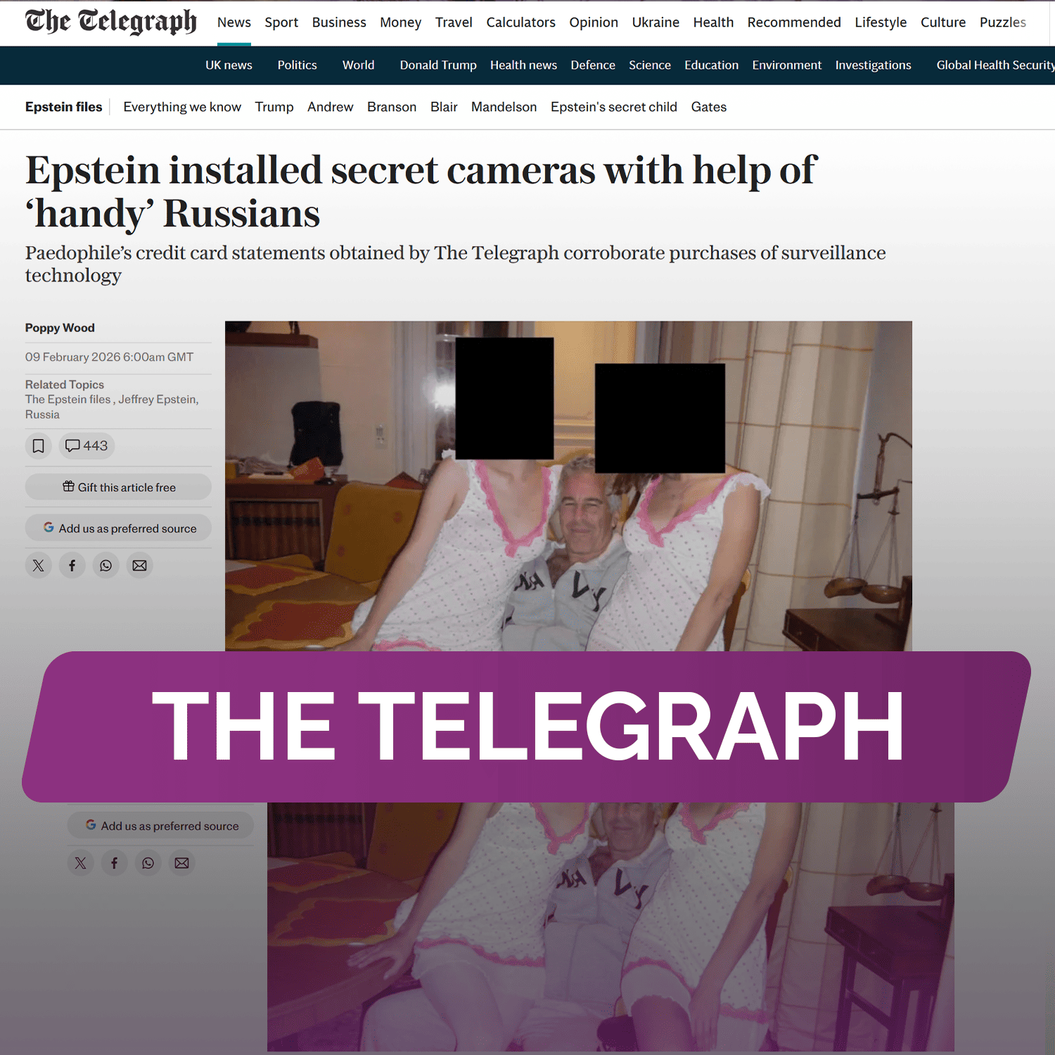 The Telegraph: Эпштейн установил скрытые камеры с помощью «умелых» русских