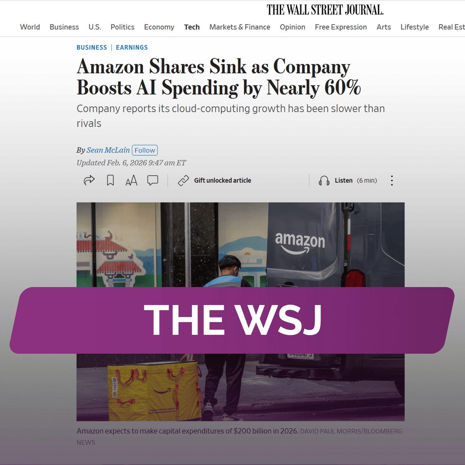 The WSJ: Акции Amazon падают, поскольку компания увеличивает расходы на ИИ
